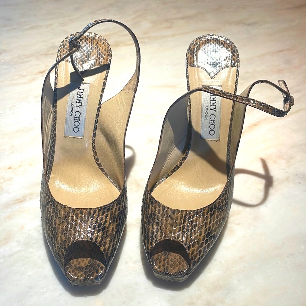 Jimmy Choo Slingback Peep toe Snakeskin Stilettos. Size 40